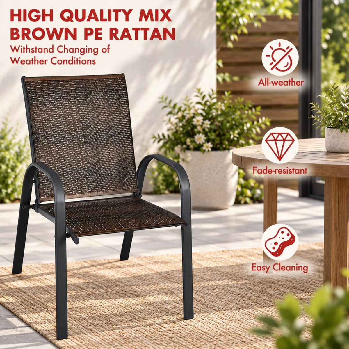 Airfind Set of 6 Outdoor PE Wicker Stackable Chairs with Sturdy Steel Frame, PE rattan steel Frame, Brown