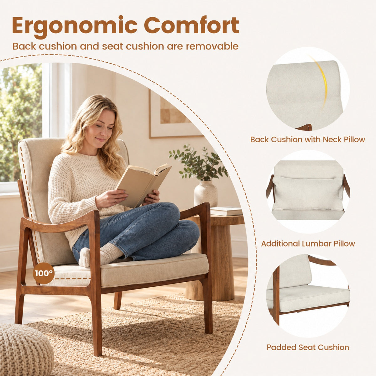 Airfind Modern Accent Chair with Solid Rubber Wood Faux Leather Upholstered Armchair, 400 lbs Capacity, 34.5 x 25.5 x 35 Footprint, White