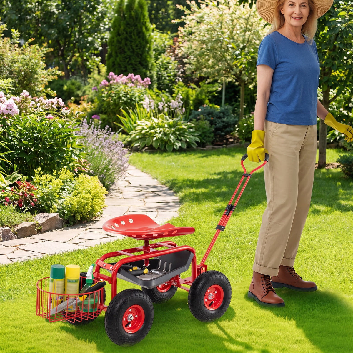 Airfind Heavy Duty Garden Cart with Tool Tray and 360 Swivel Seat, 330 lbs Capacity, Steel Rubber Plastic Frame, 38 x 17 x Footprint, Red