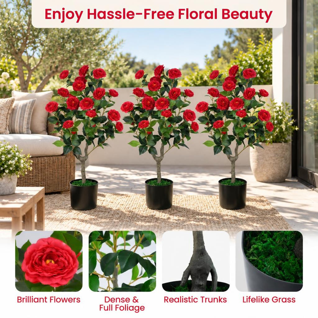 Airfind Artificial Camellia Tree Faux Flower Plant in Cement-Filled Pot=Red, PE PP Cement Overall Height 35.5 Flower Pot Height 5 Flower Pot Frame