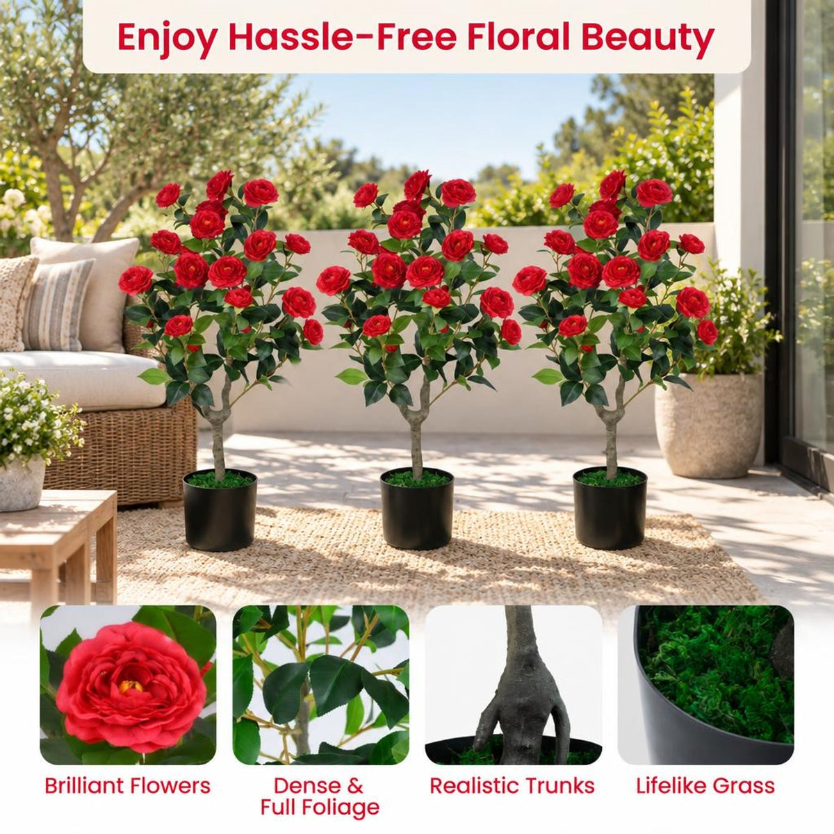 Airfind Artificial Camellia Tree Faux Flower Plant in Cement-Filled Pot=Red, PE PP Cement Overall Height 35.5 Flower Pot Height 5 Flower Pot Frame