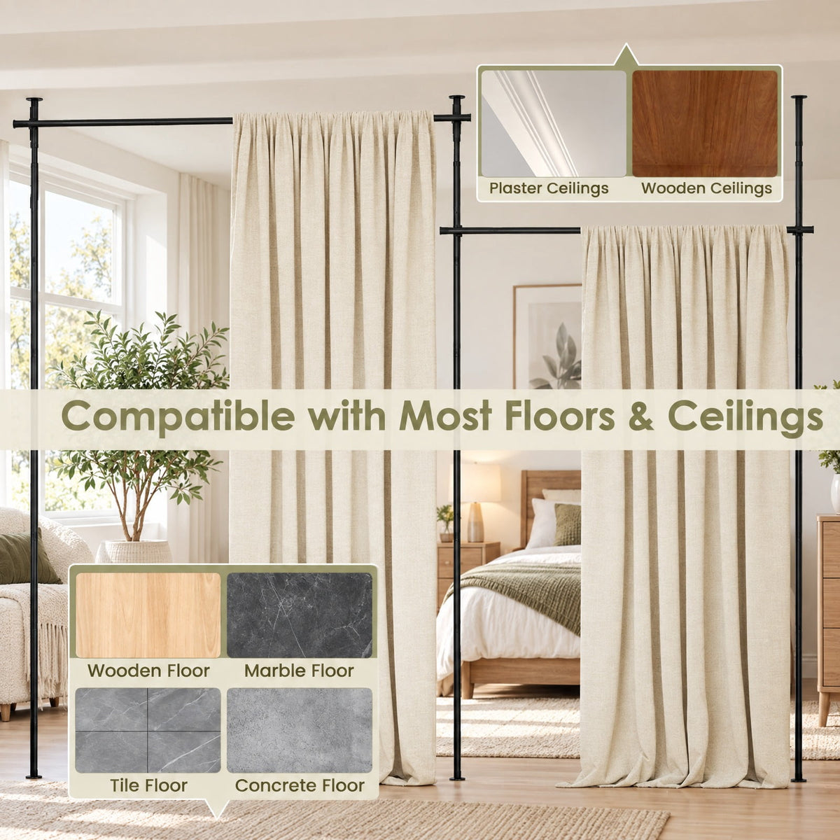 Airfind Room Divider Curtain Rod with Adjustable Floor to Ceiling Tension Rod (Curtains Not Included), 45 lbs Capacity, Metal Frame, Black