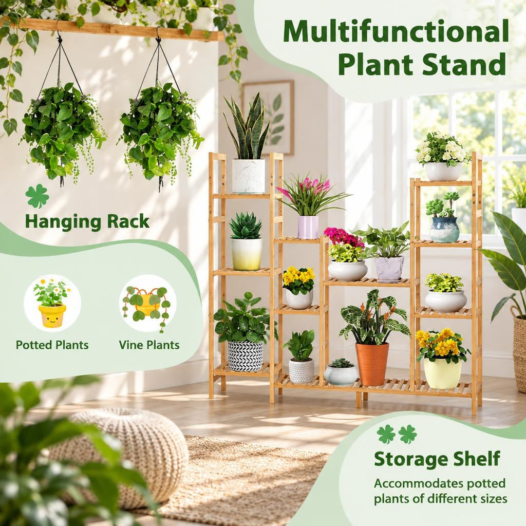 Airfind 9, Bamboo Frame, 66 X 12 X 65.5 (L x W x H) Load capacity of each shelf: 22 lbs Load capacity of hanging rack: 11-22 lbs Footprint