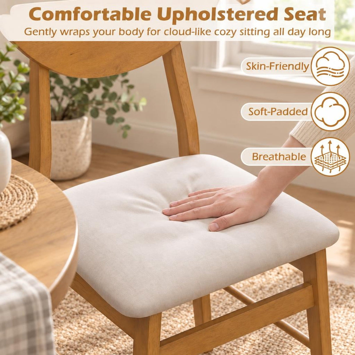 Airfind Set of 2 Upholstered Dining Chairs with Curved Backrest and Rubber Wood Frame, 330 lbs Capacity, Rubber Wood Frame, Natural