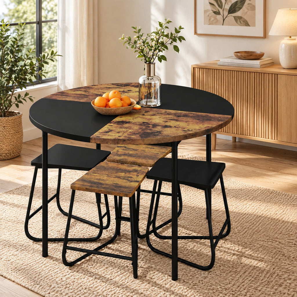 Airfind 5-Piece Dining Set for 4 47 Inch Round Kitchen Table and 4 Stools, MDF Metal Frame, Brown, Table Size 47in x 30in