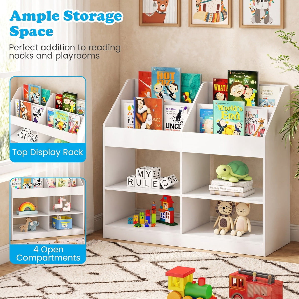 Airfind 3-Tier Kids Bookshelf Toy Storage Organizer with Display Rack and 4 Compartments, 11 lbs Capacity, Engineered Wood Frame, White