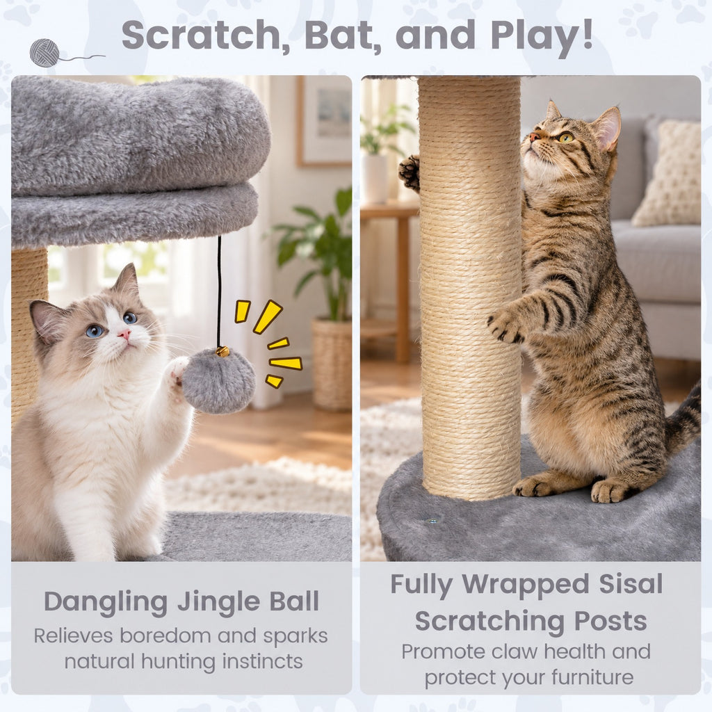 Airfind 40 Inch Multi-level Cat Tower with Condo and Dangling Jingle Ball, 33 lbs Capacity, Engineered Wood Sisal Plush Fabric Frame, Gray