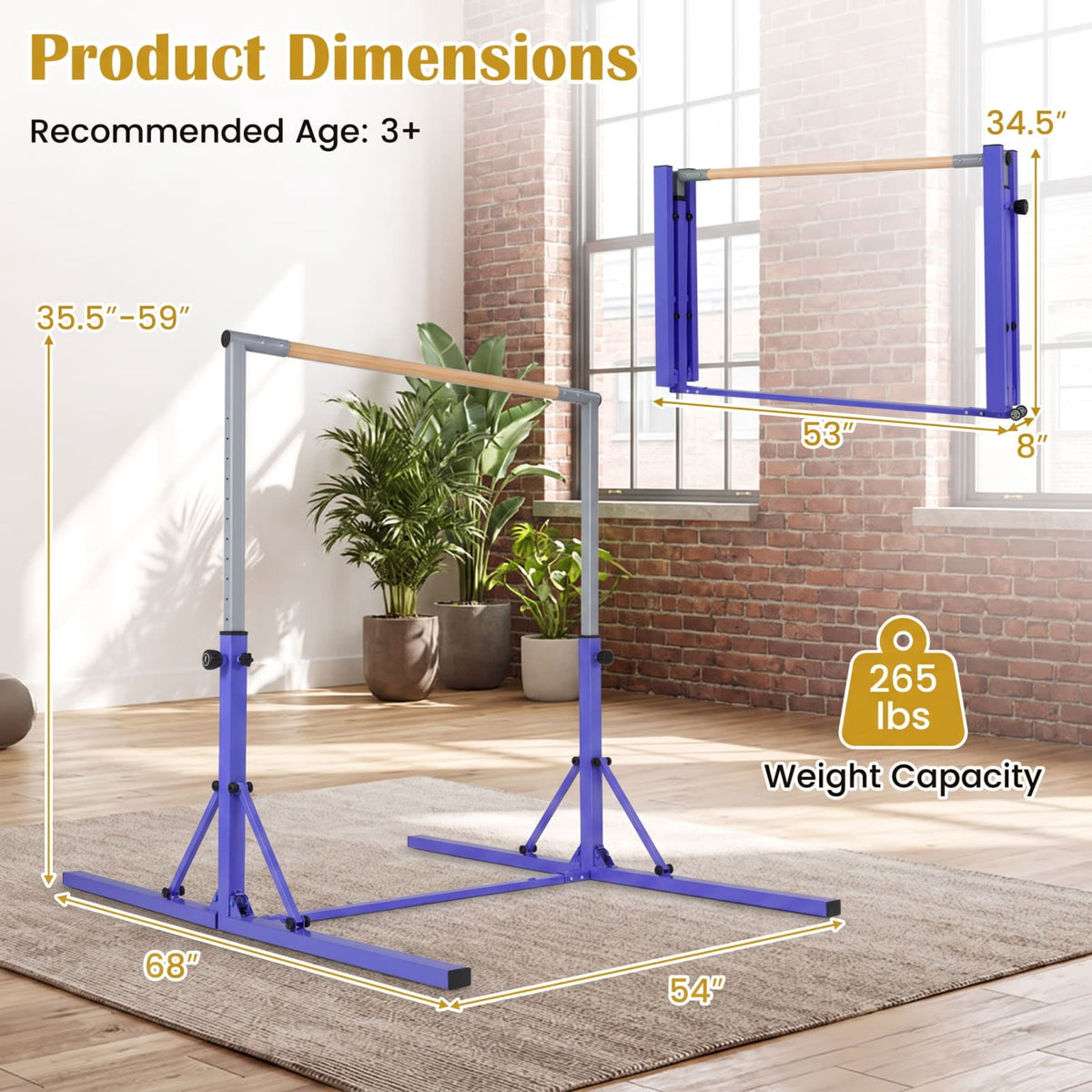 Airfind Foldable Gymnastics Bar for Kids with 3 Level Adjustable Height and Bamboo Grip Bar for Home Balance and Coordination Training, Purple