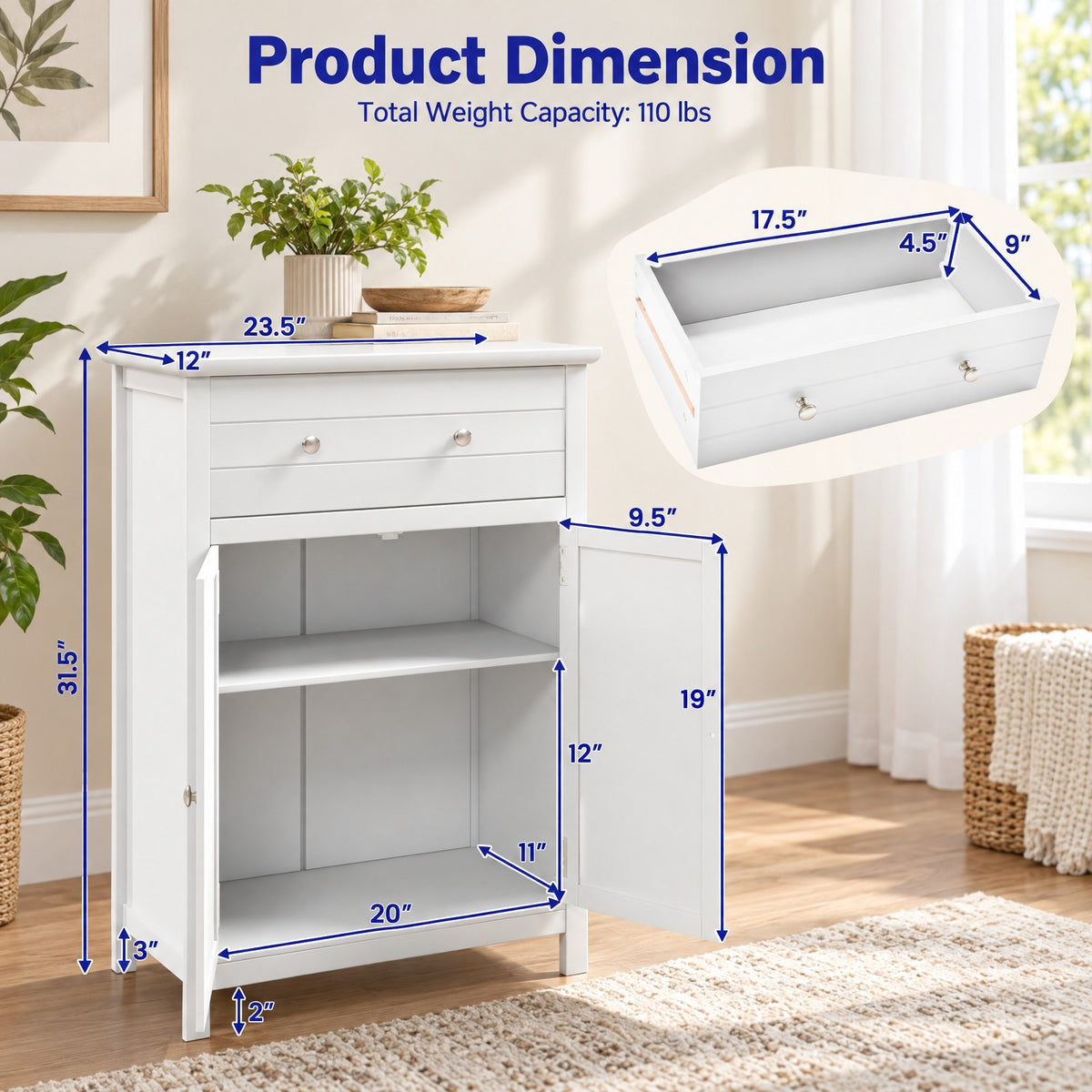 Airfind Free Standing Bathroom Storage Cabinet with Large Drawer, 110 lbs Capacity, MDF Frame, 23.5in x 12in x 31.5in Footprint, White