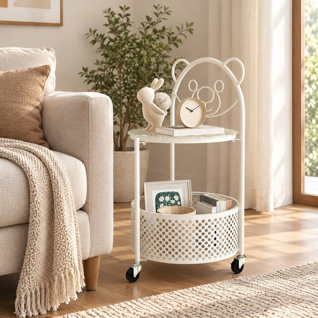 Airfind Modern Sofa Side Table on Lockable Wheels for Living Room Bedroom Study, 33 Lbs Capacity, Tempered Glass Metal, White