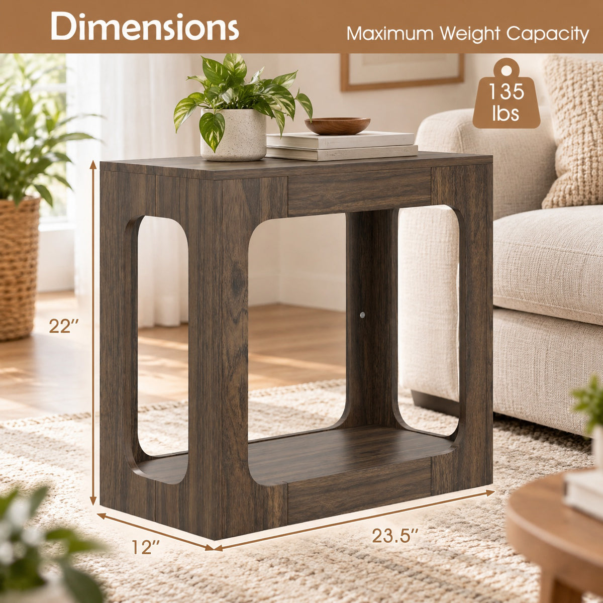 Airfind 2-Tier End Table with Storage Shelf for Living Room, 135 lbs Capacity, Engineered Wood Frame, 23.5 x 12 x 22 Footprint, Walnut