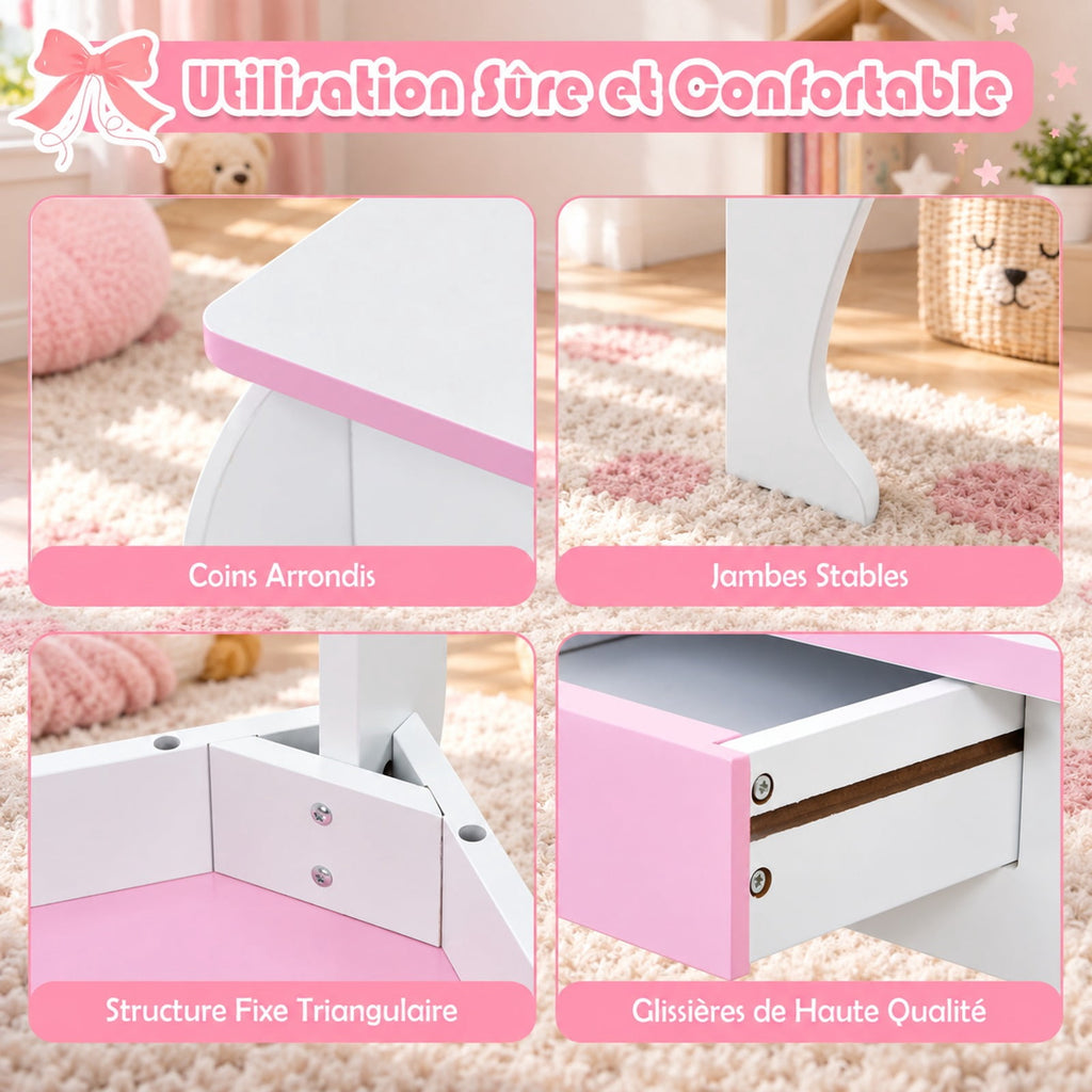 Airfind Kids Wooden Makeup Dressing Table and Chair Set with Mirror and Drawer, MDF Frame, 19 Inch x 14 Inch x 35 Inch Footprint, White