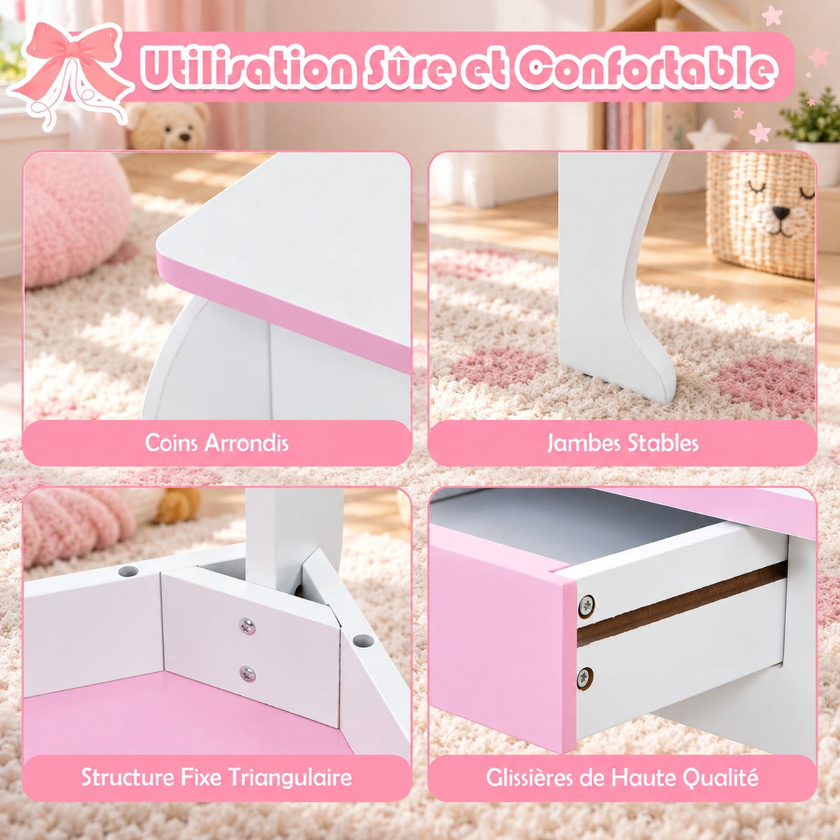 Airfind Kids Wooden Makeup Dressing Table and Chair Set with Mirror and Drawer, MDF Frame, 19 Inch x 14 Inch x 35 Inch Footprint, White