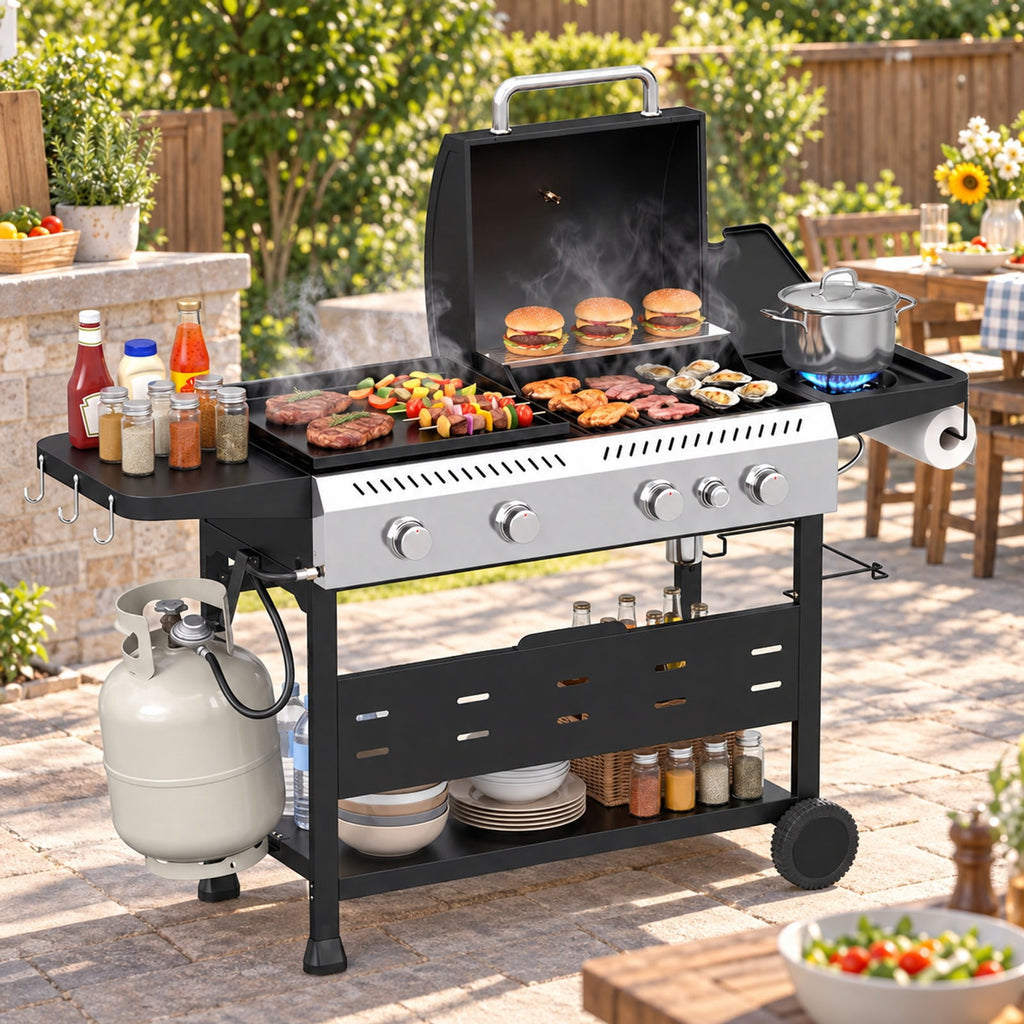 Airfind 5-Burner Propane Gas Grill and Griddle Combo with Side Burner, Metal 201 Stainless Steel Cast Iron PP Frame, Black