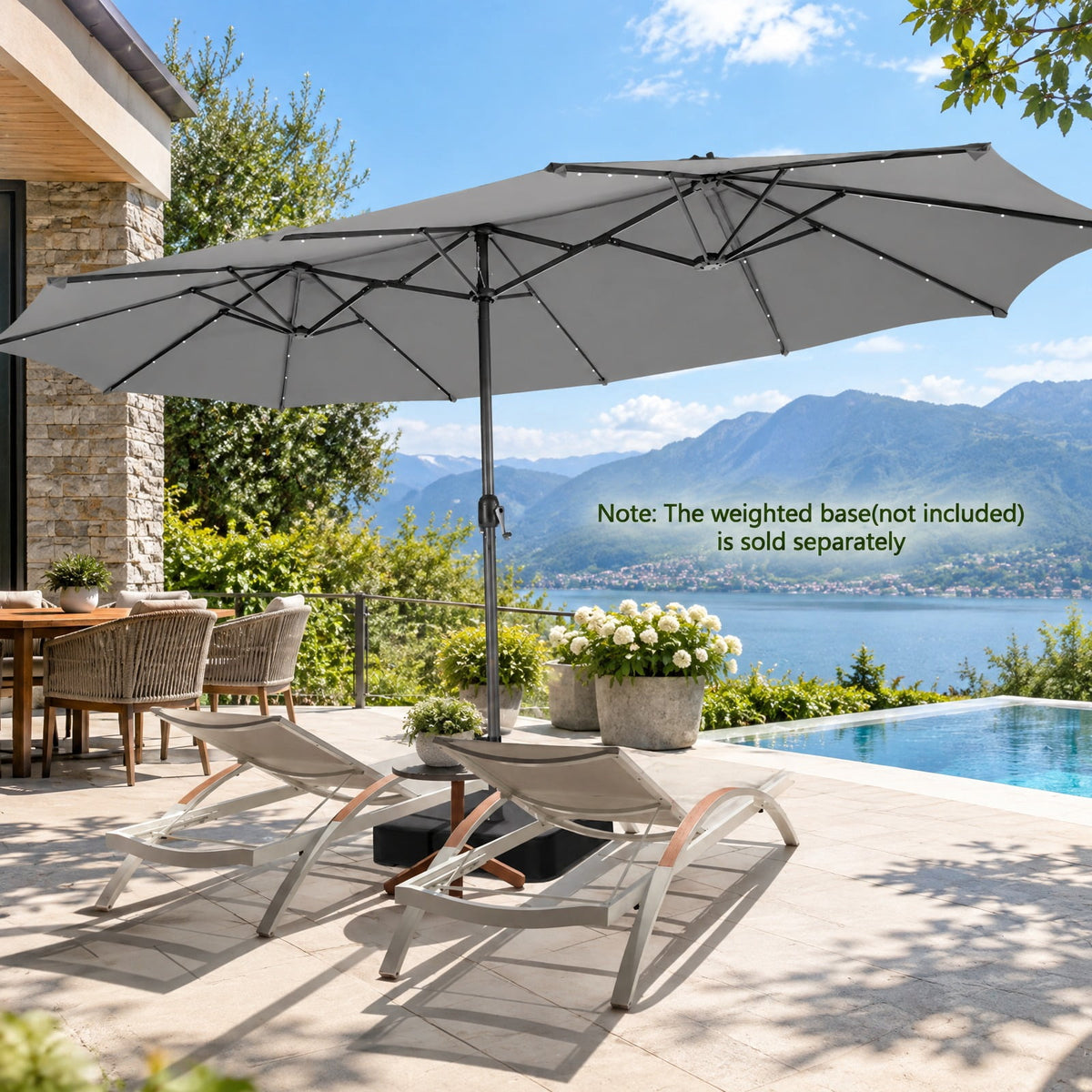 AIRFIND Patio Umbrella with 48 Solar LED Lights, 15 ft Double-Sided Canopy, Hand Crank and 12 Steel Ribs, Base Sold Separately, Gray
