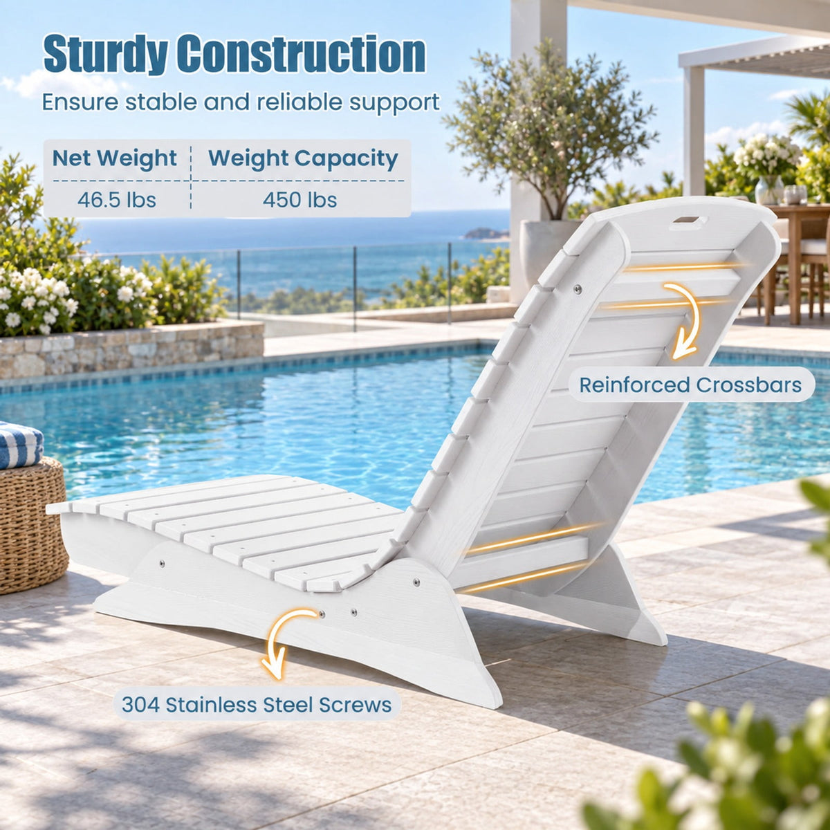 Airfind Fade-Resistant Outdoor Lounger with Contoured Shape for Deck Poolside, 450 lbs Capacity, HDPE Frame, White