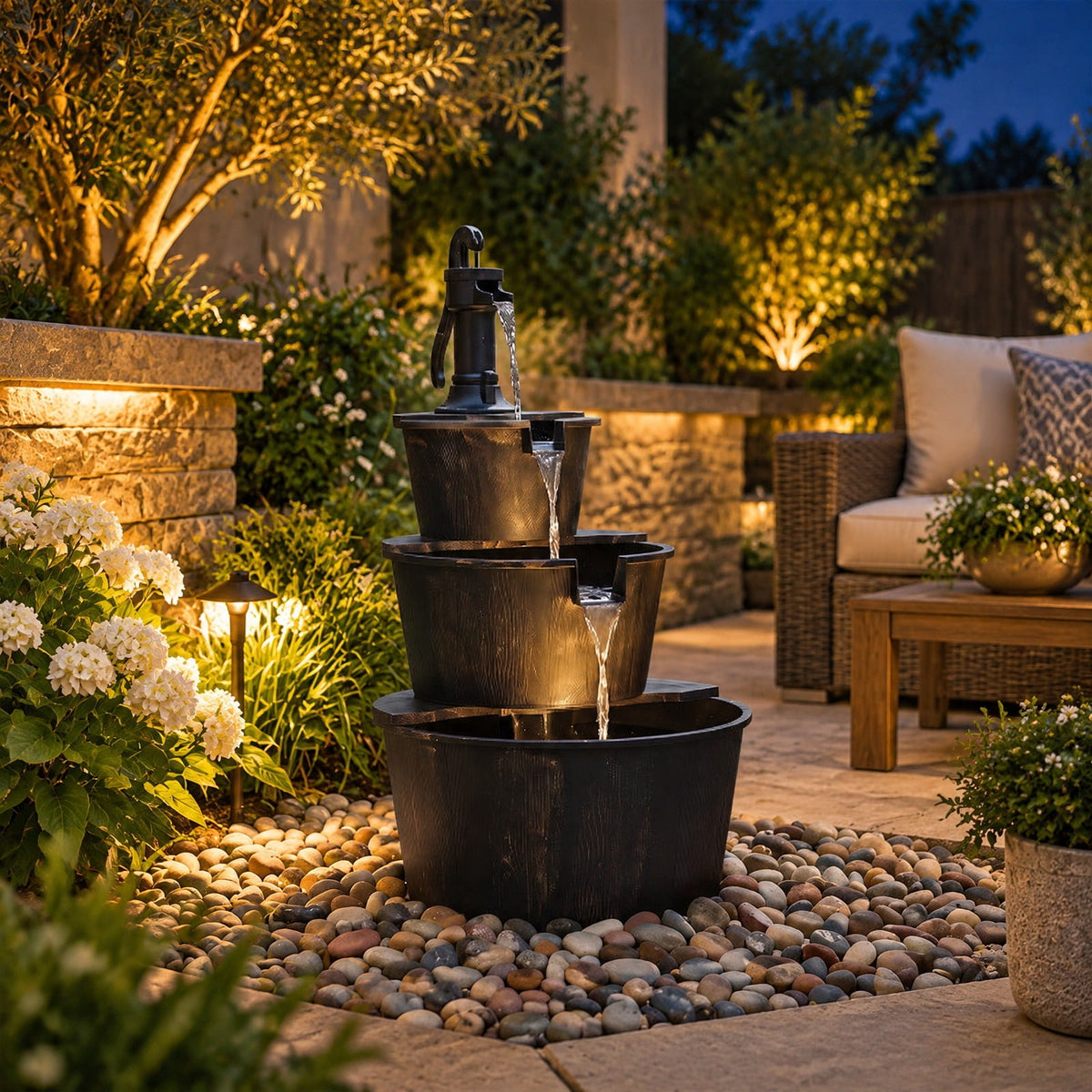 Airfind 3-Tier Outdoor Barrel Waterfall Fountain with Electric Pump, PP Metal Frame, 24 x 21 x 37 Footprint, Bronze Black