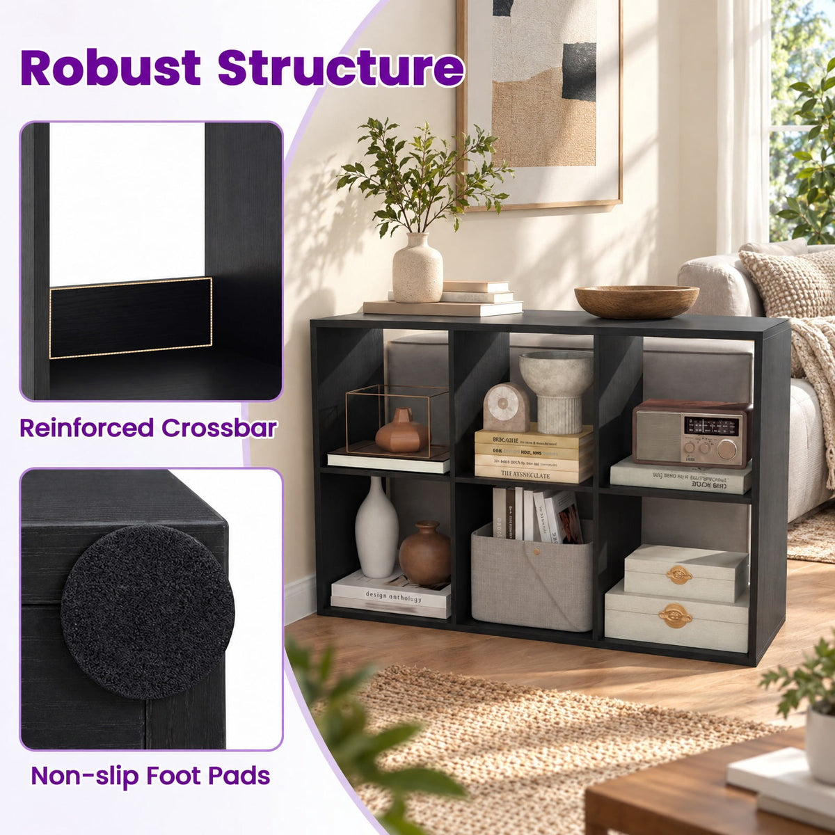 Airfind 6 Cube Bookshelf with Back Guardrail for Living Room Bedroom, 154 lbs Capacity, Engineered Wood Frame, 41 Inch x 13 Inch x 27.5 Inch Footprint, Black