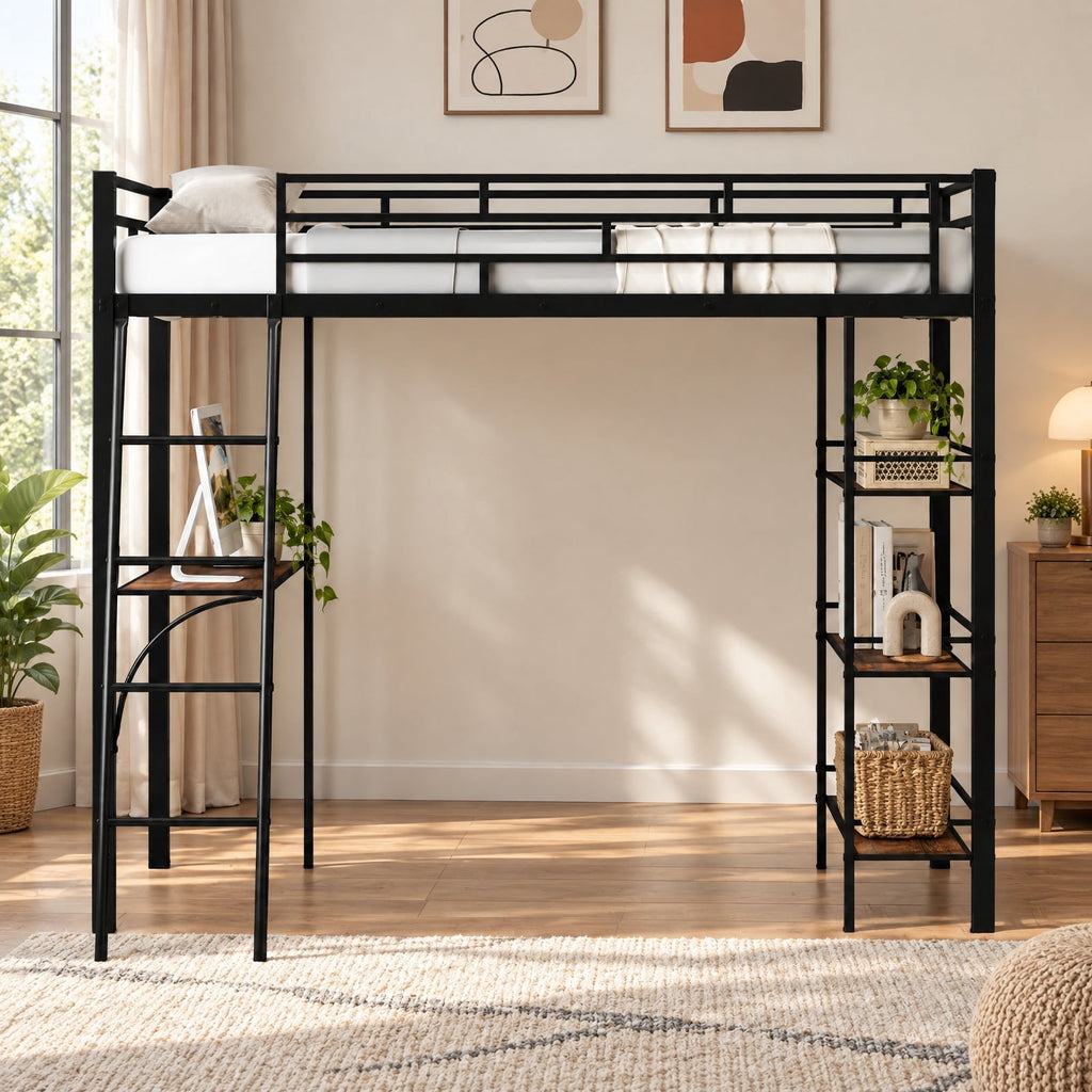 Airfind Twin Size Loft Bed with Desk and Shelves for Kids and Home, 440 lbs Capacity, Metal MDF Frame, 78 x 55.5 x 66.5 Footprint, Black