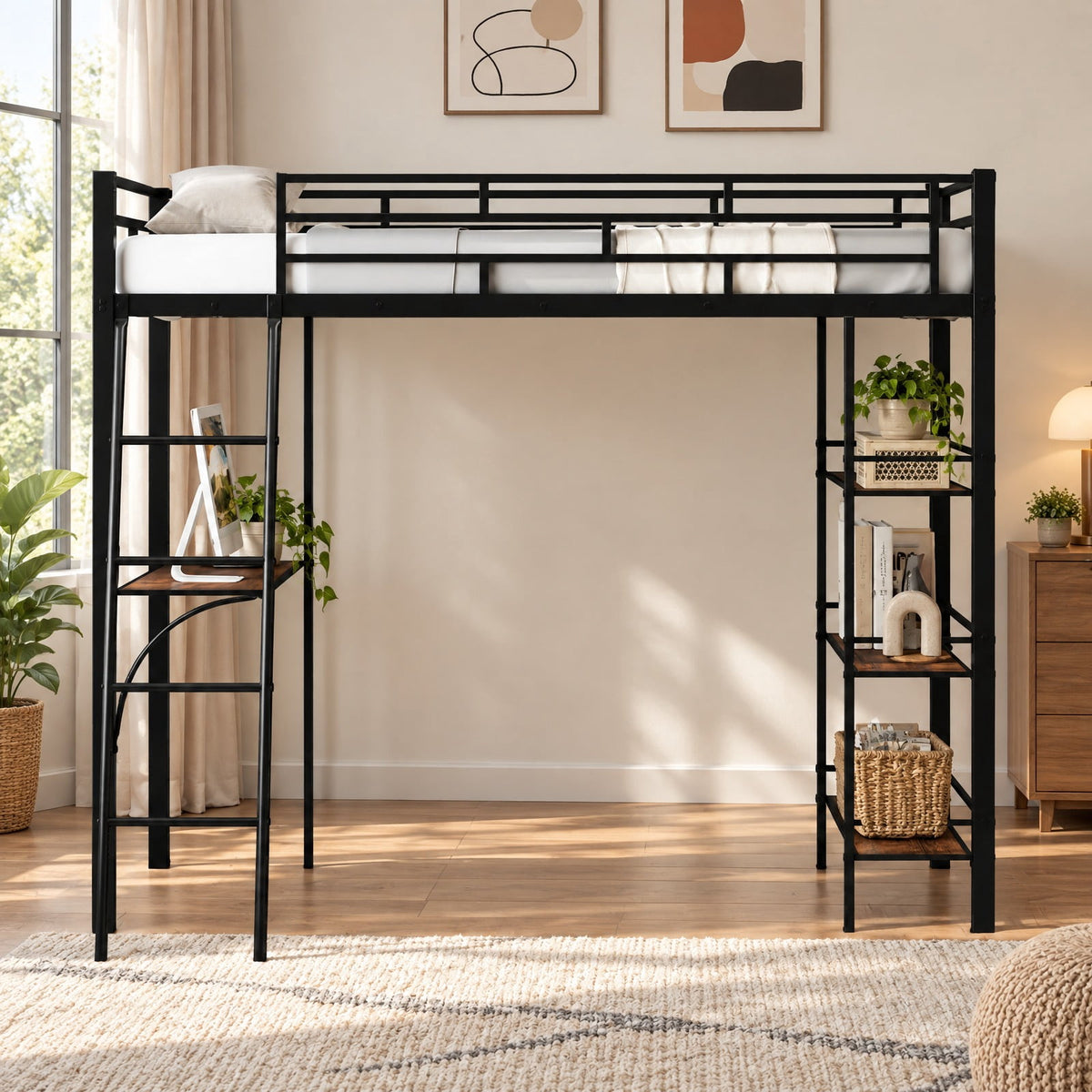 Airfind Twin Size Loft Bed with Desk and Shelves for Kids and Home, 440 lbs Capacity, Metal MDF Frame, 78 x 55.5 x 66.5 Footprint, Black