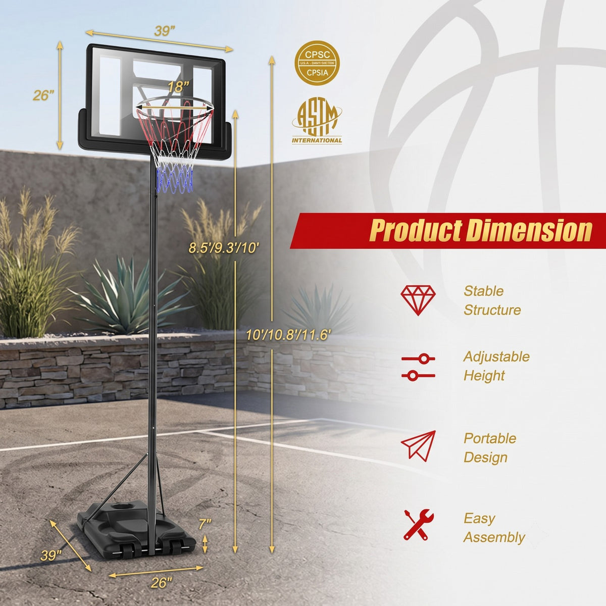 Airfind Portable Basketball Hoop, Height Adjustable 8.5-10 ft Shatterproof Backboard System with Wheels and 2 Nets for Indoor Outdoor Kids Adults Driveway, Black