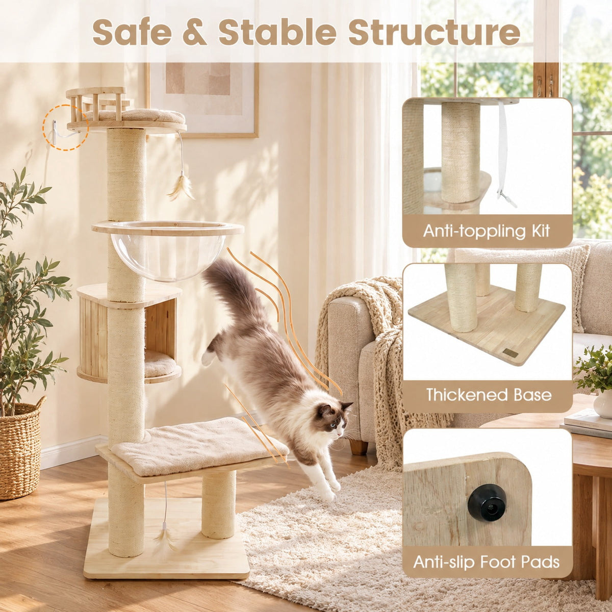 Airfind Cat Tree for Indoor Kittens with Top Perch Condo Space and 3 Hanging Feather Toys, 4 Inch Sisal Scratching Posts for Cats to Claw, Beige
