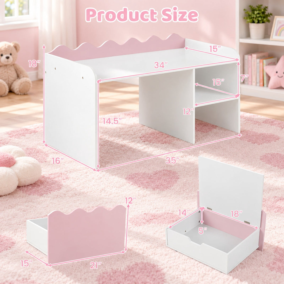 Airfind Scalloped Kids Bookshelf and Toy Storage Organizer for Playroom, 77 lbs Capacity, MDF Frame, for 3+ Years Old, 35 Inch x 16 Inch x 18 Inch Footprint