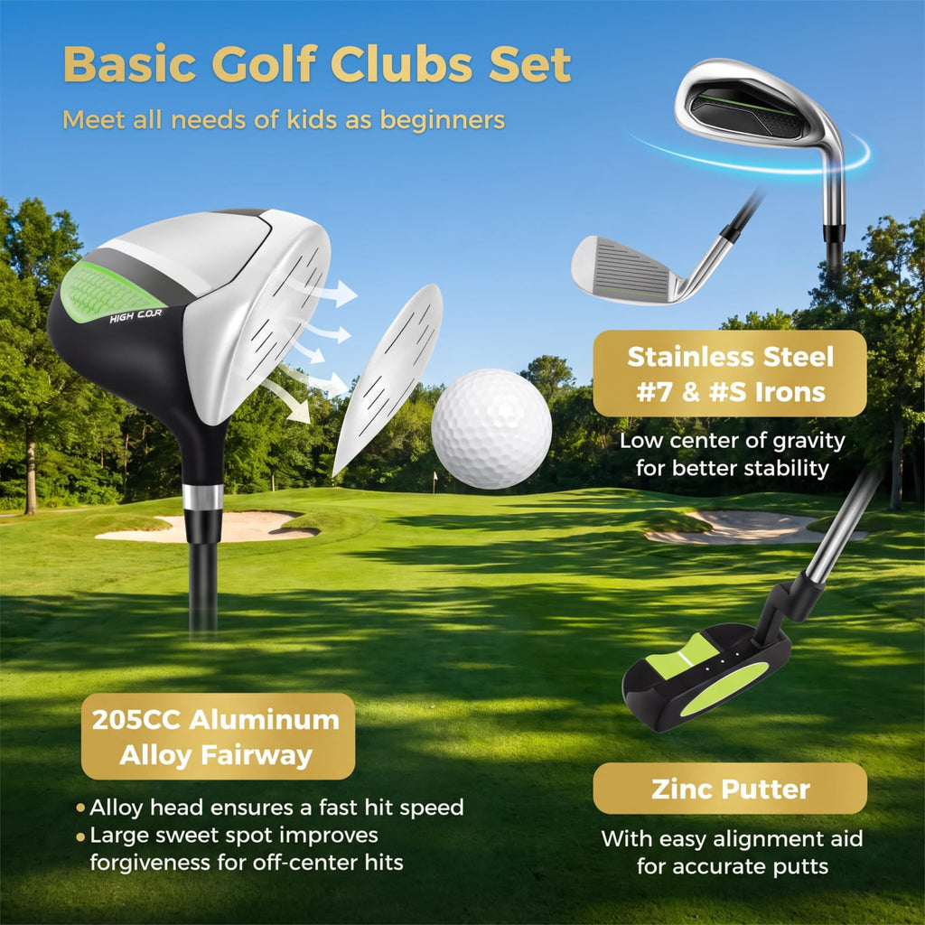 Airfind Junior Complete Golf Club Set Right Hand with Stand Bag Rain Hood and 4 Clubs for Kids Ages 5 to 7 Beginners, Green