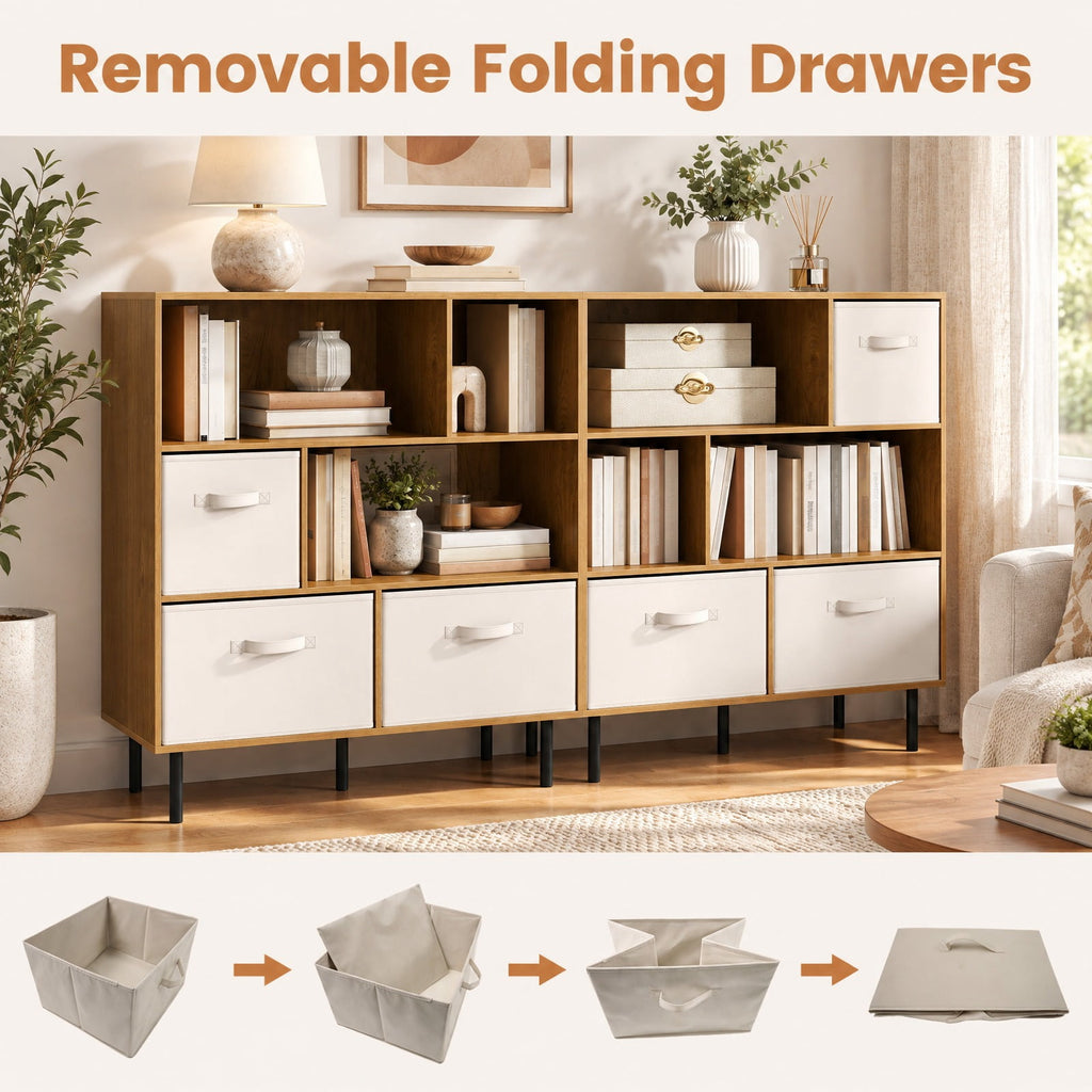 Airfind 6-Cube Bookshelf with 3 Removable Folding Fabric Drawers for Living Room, 330 lbs Capacity, Metal Engineered Wood Frame, Natural