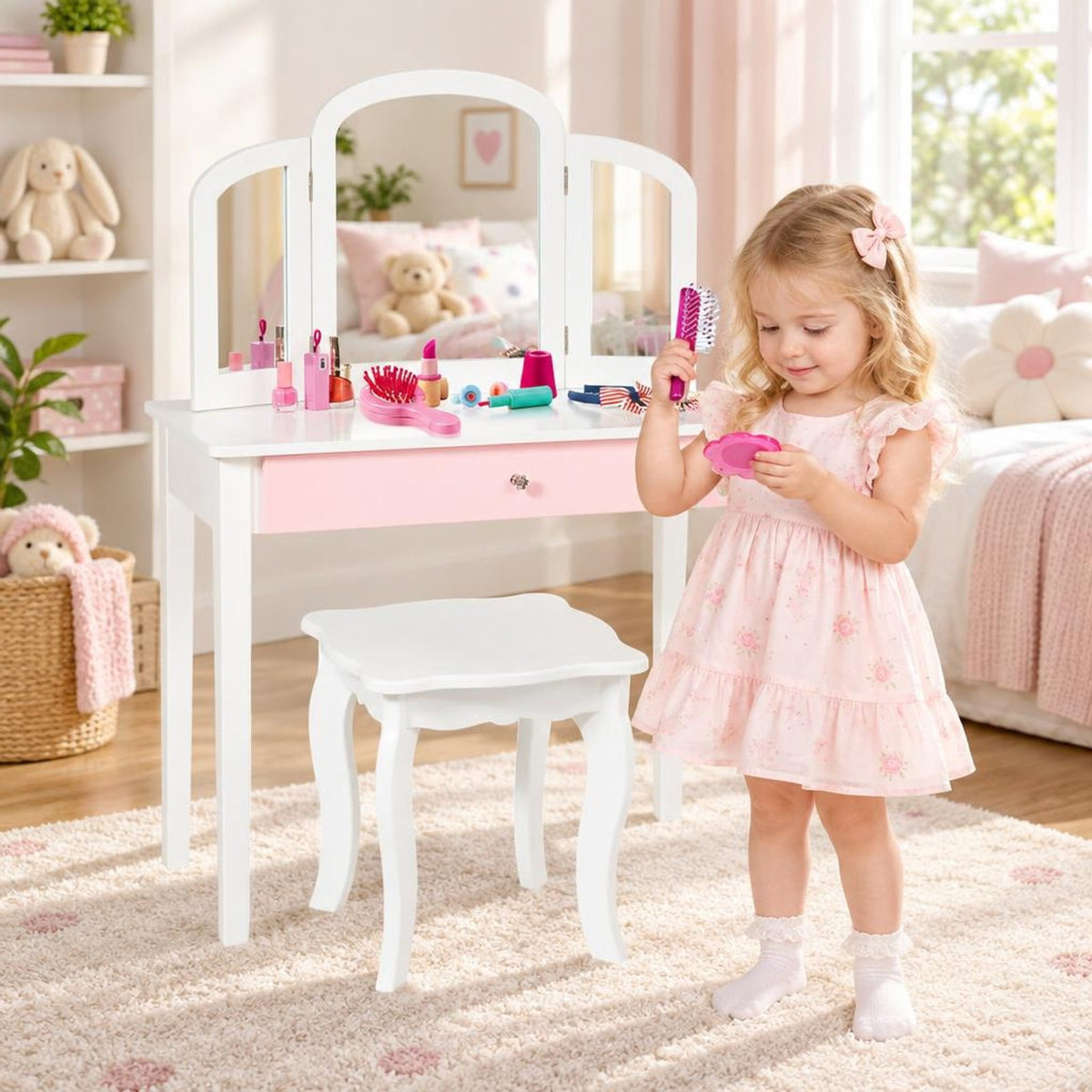 Airfind Kids Princess Make Up Dressing Table with Tri-folding Mirror and Chair, 33 lbs Capacity, MDF Frame, 27.5 x 13.5 x 37.5 Footprint, White