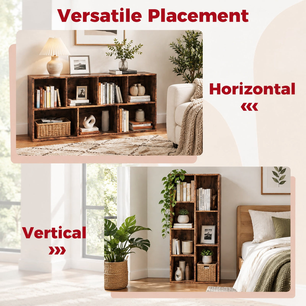 Airfind Vertical or Horizontal Freestanding Bookshelf with 7 Compartments, 176 lbs Capacity, Engineered Wood MDF Frame, 19.5 x 9 x 42 Footprint