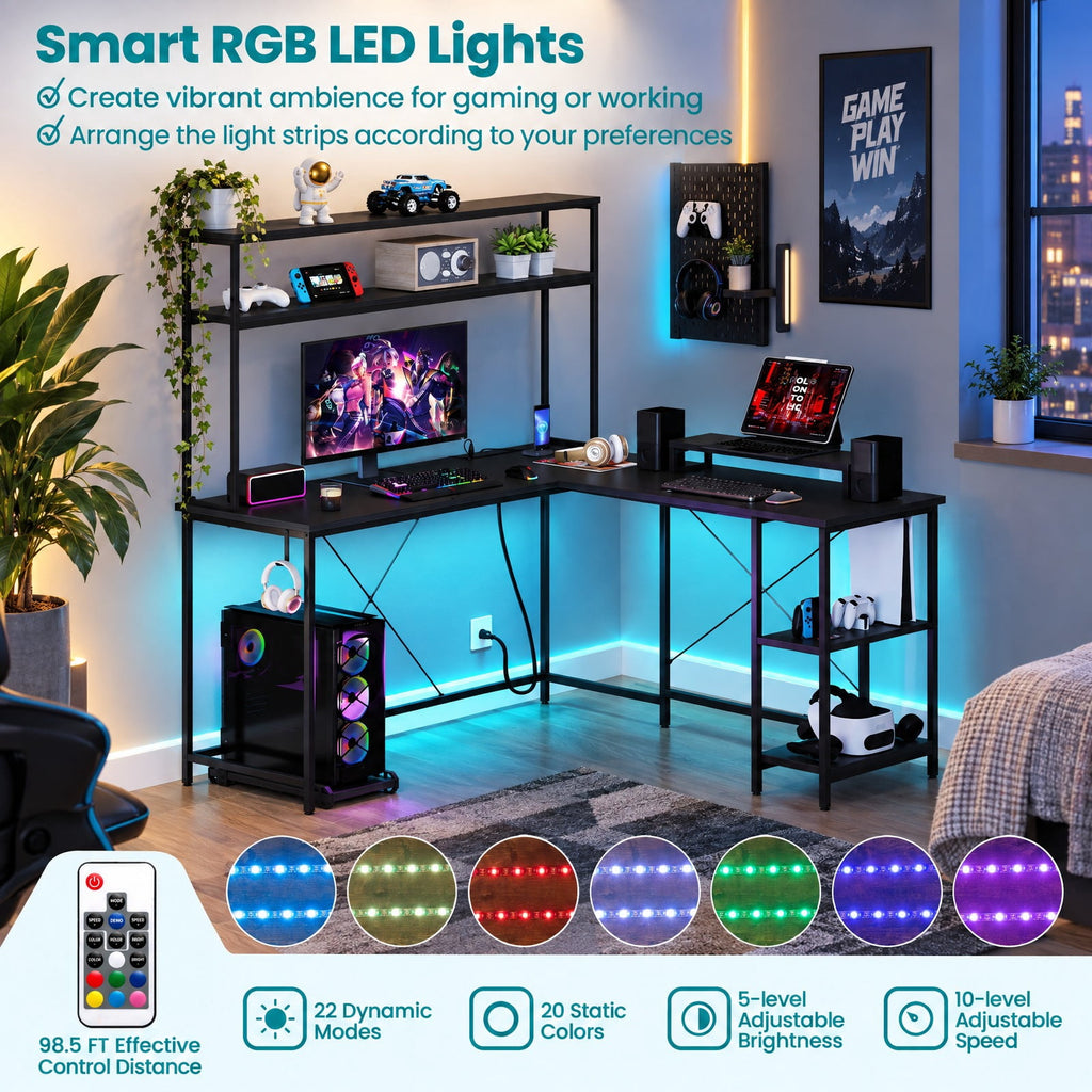 Airfind L-Shaped Reversible Gaming Desk with LED Strip and Power Outlets Hutch Monitor Stand, 310 lbs Capacity, Engineered Wood Metal Frame, Black