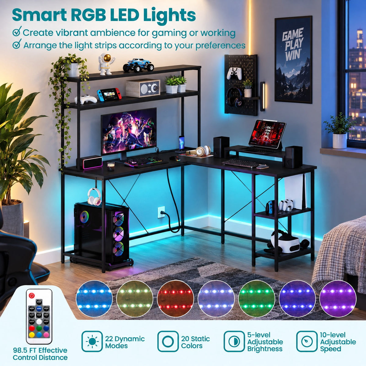 Airfind L-Shaped Reversible Gaming Desk with LED Strip and Power Outlets Hutch Monitor Stand, 310 lbs Capacity, Engineered Wood Metal Frame, Black