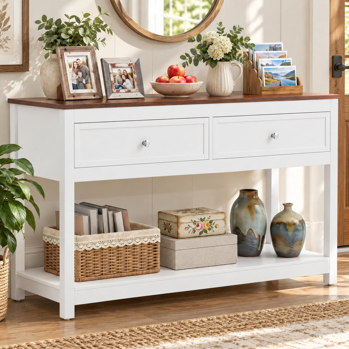 Airfind Farmhouse Console Table Entryway Sofa Table Featuring 2 Drawers and Open Storage Shelf for Living Room, 165 Lb Capacity, White