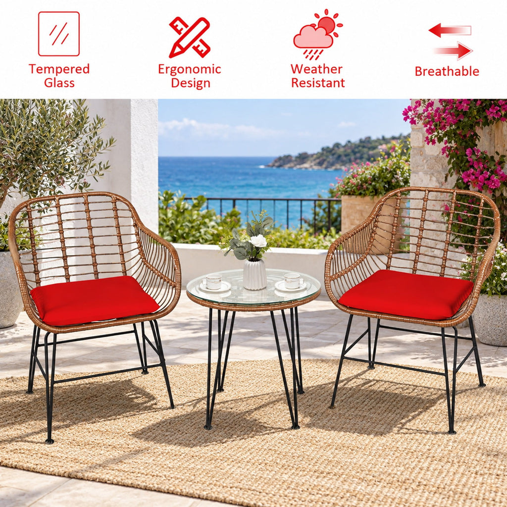 Airfind 3 Pieces Patio Rattan Bistro Set with Cushion, 170 lbs Capacity, Steel Rattan Sponge Polyester Frame, 22.5 Inch x 24 Inch x 31.5 Inch Footprint, Red