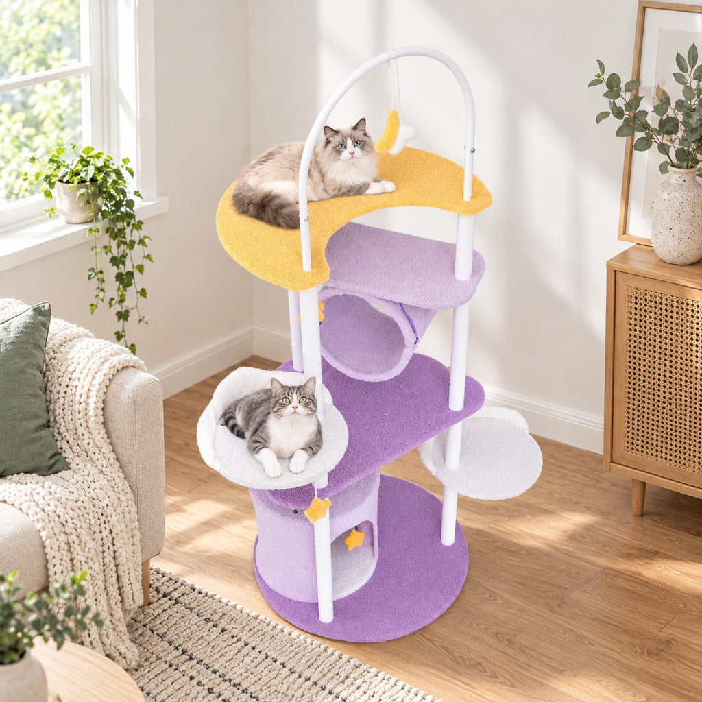 Airfind 62 Inches Large Cat Tower with Metal Frame and Jumping Platforms, 22 lbs Capacity, Purple, Diameter 24 Cat House