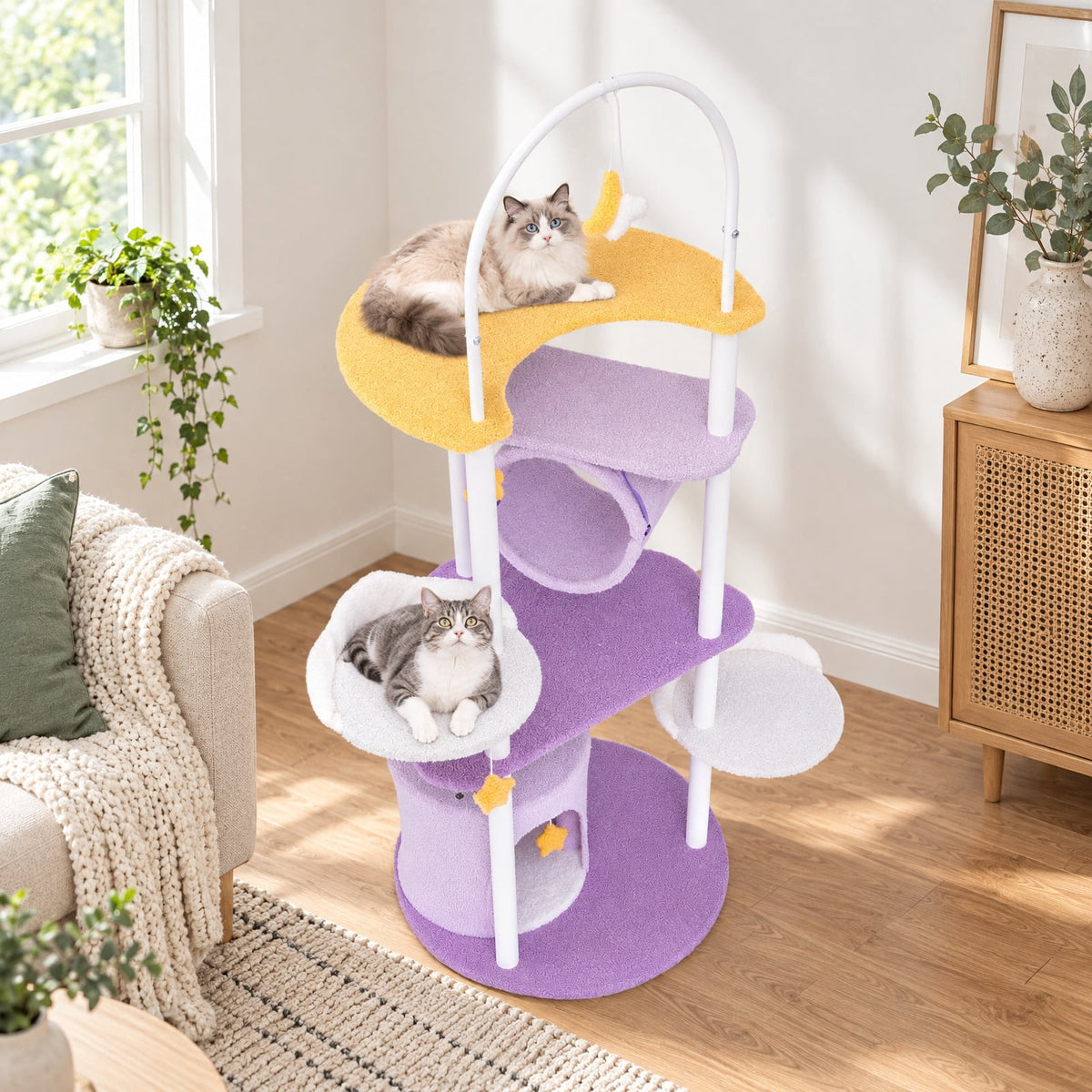 Airfind 62 Inches Large Cat Tower with Metal Frame and Jumping Platforms, 22 lbs Capacity, Purple, Diameter 24 Cat House