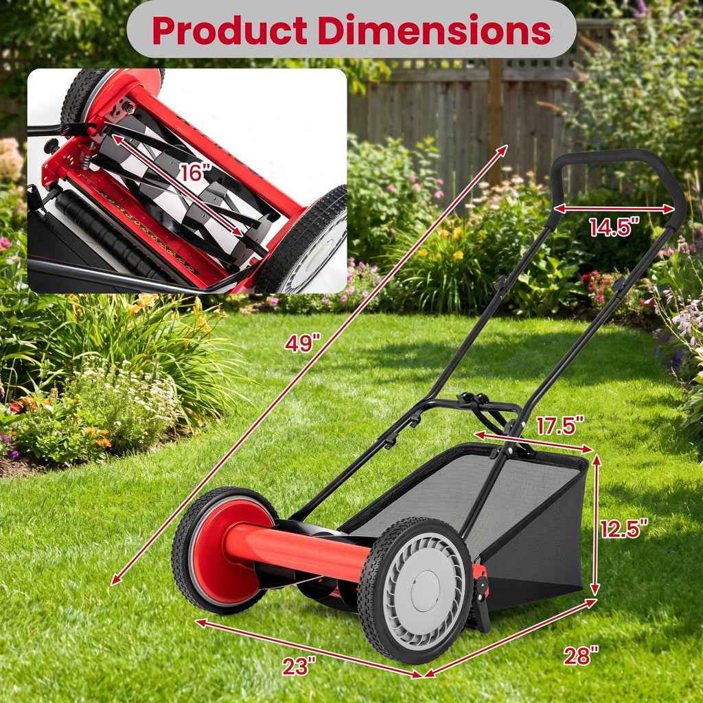 Airfind 16 Inch Push Lawn Mower with 5 Steel Blades and Grass Catcher Bag, Manganese Steel Metal PVC PP Frame, Red