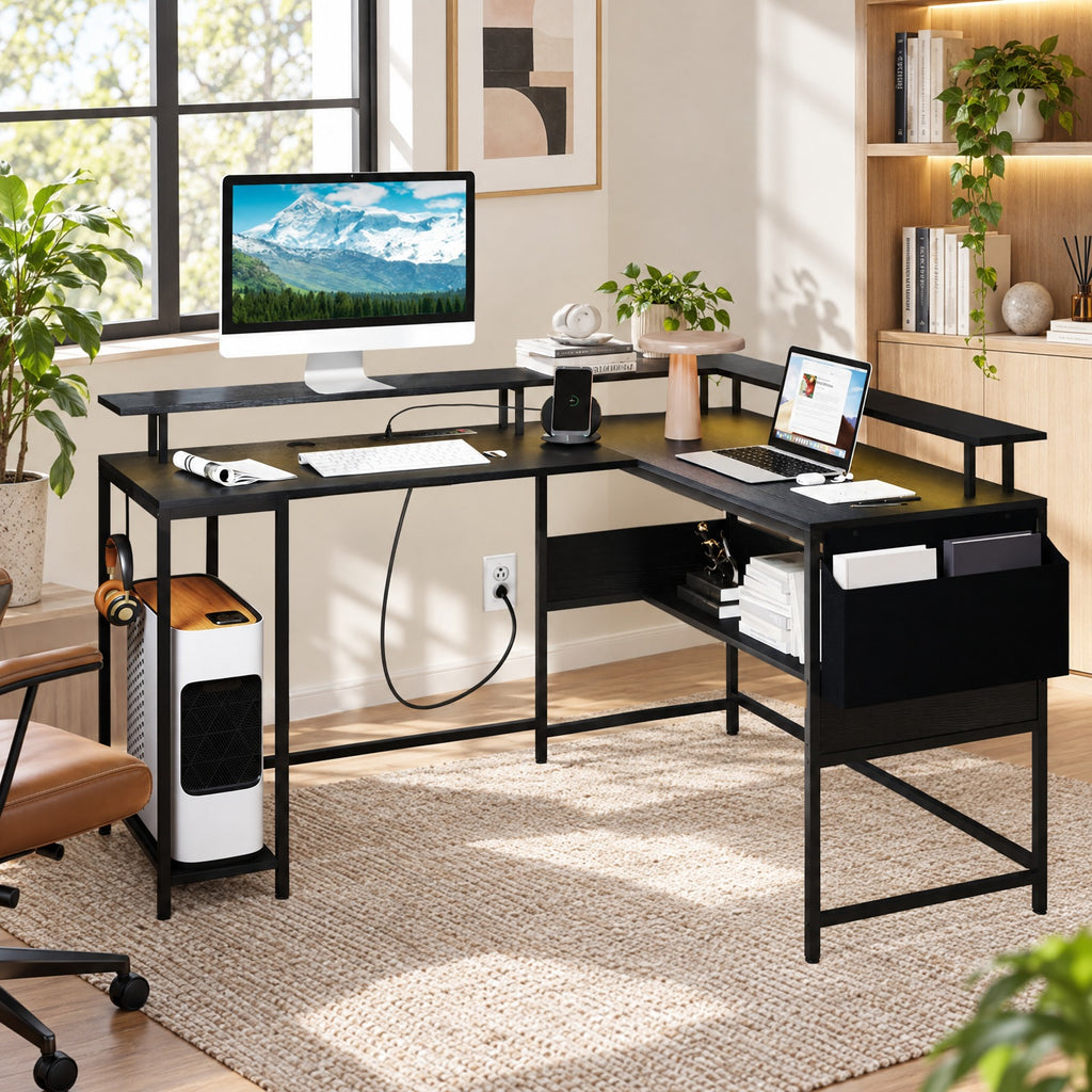 Airfind L-Shaped Gaming Desk with LED Lights and Power Outlets Home Office Computer Desk, 200 lbs Capacity, Engineered Wood Metal Frame, Black