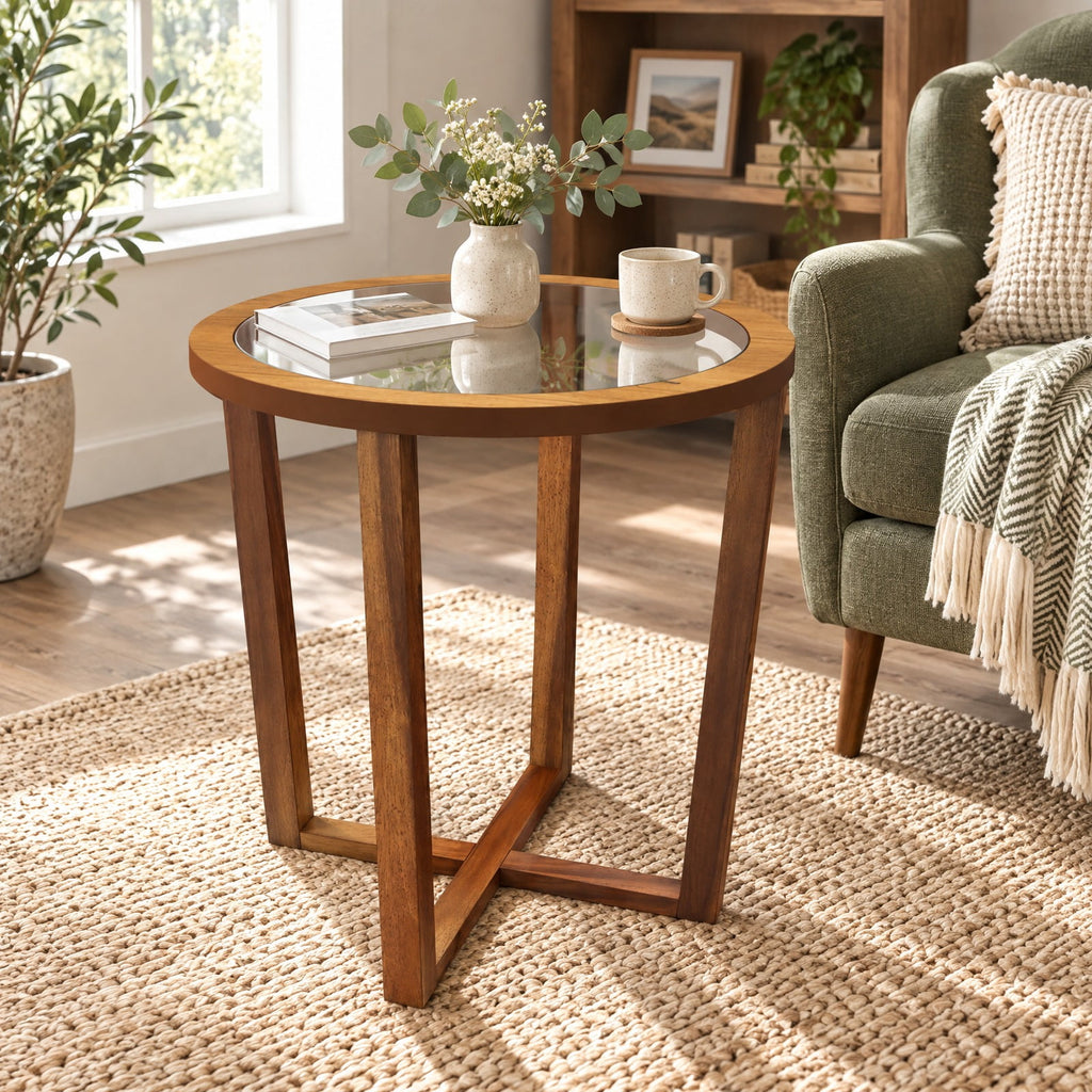 Airfind Modern Round End Table Sofa Side Table with Transparent Tempered Glass Top, 90 lbs Capacity, Tempered Glass Acacia Wood MDF Plywood Frame