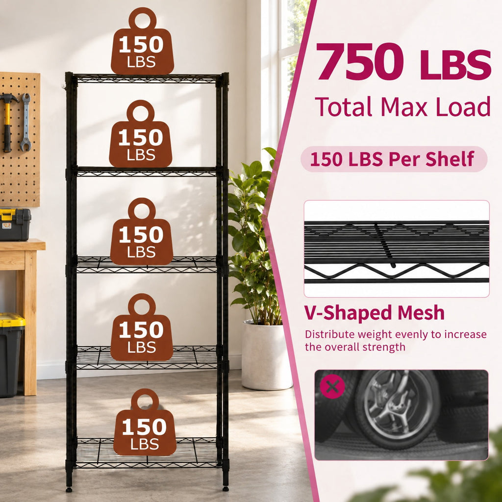 Airfind 5-Tier Metal Storage Shelving Unit with V-Shaped Wire Rack and 750 LBS Capacity, 750 lbs Capacity, Metal Frame, Black