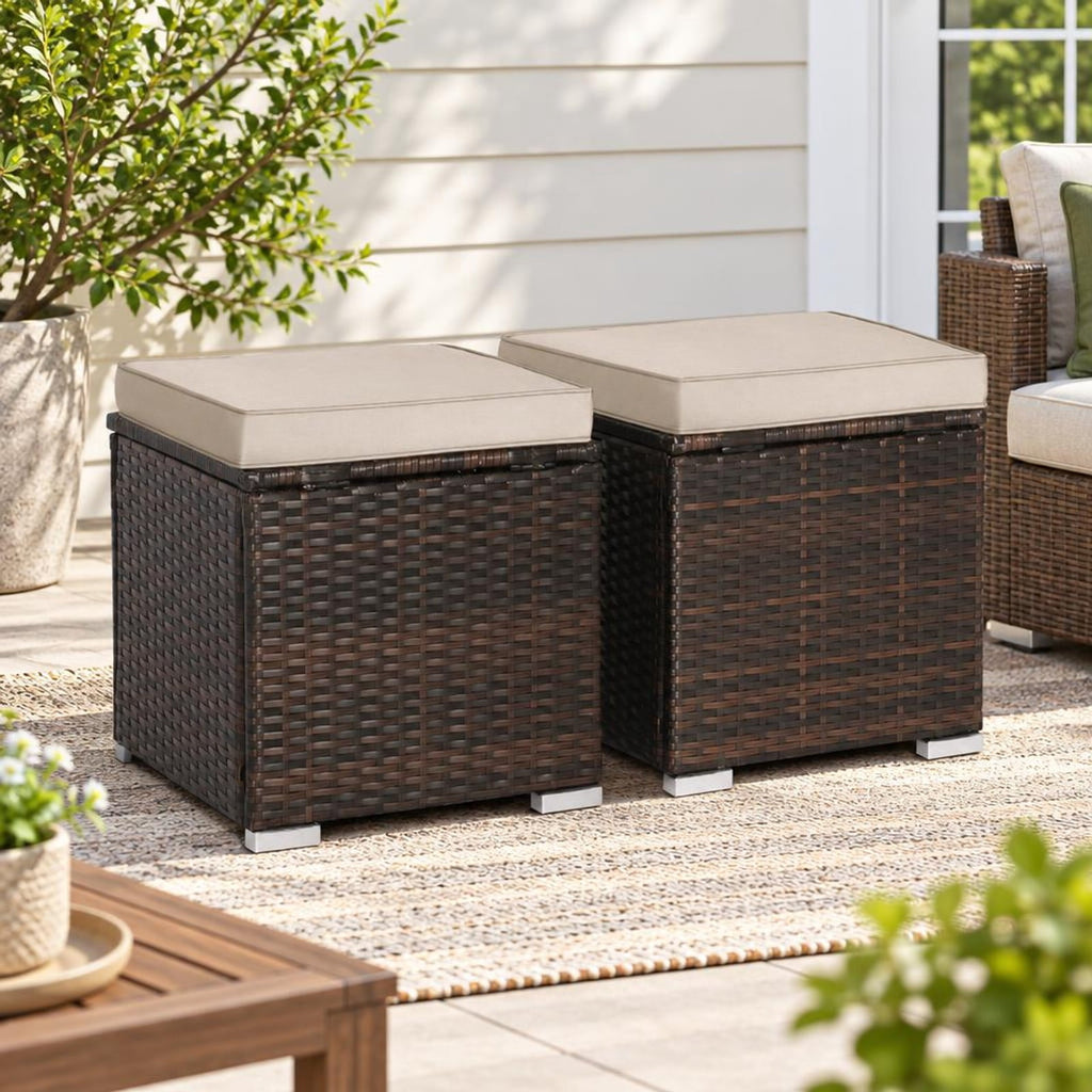 Airfind 2 Pieces Patio Ottoman with Removable Cushions, 350 lbs Capacity, Metal PE Rattan Sponge Polyester Frame, 16 x 16 x 15.5 Footprint, Brown