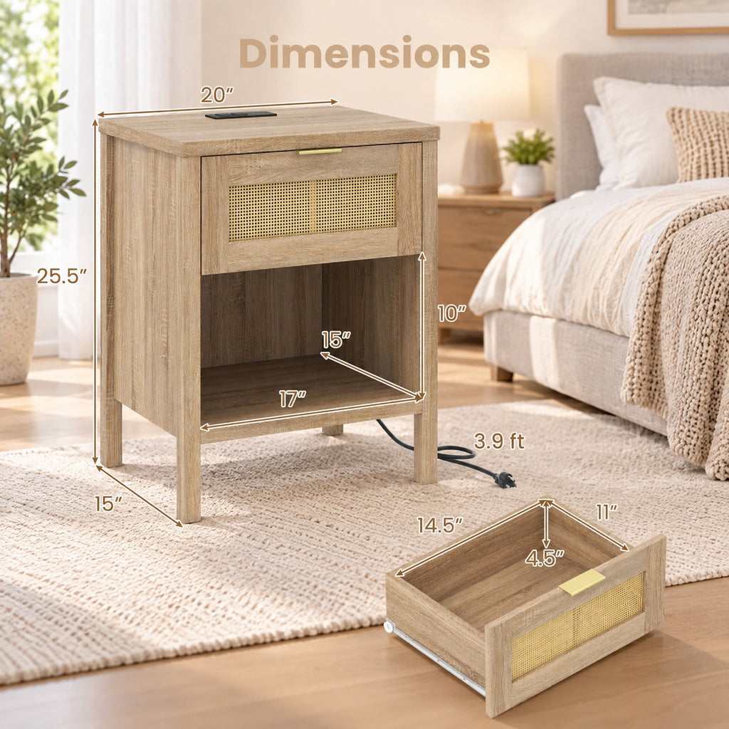 Airfind Rattan Nightstand with Charging Station and Storage Shelf for Bedroom, 88 lbs Capacity, Engineered Wood PVC Rattan Metal Frame, Oak