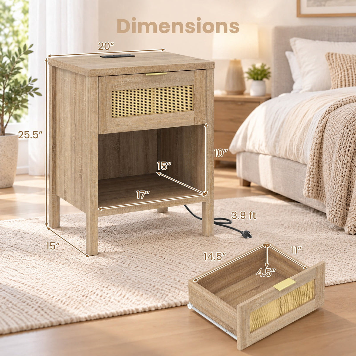 Airfind Rattan Nightstand with Charging Station and Storage Shelf for Bedroom, 88 lbs Capacity, Engineered Wood PVC Rattan Metal Frame, Oak