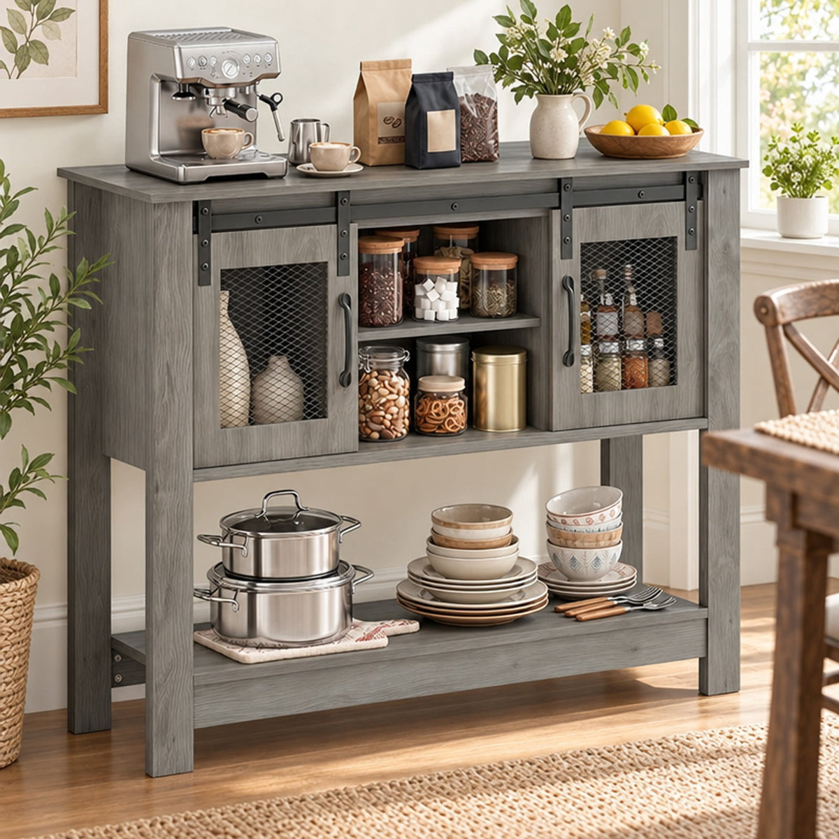Airfind Console Table with Sliding Barn Doors and Storage Cabinets, 150 lbs Capacity, Engineered Wood Metal Frame, 40 x 12.5 x 32 Footprint, Gray