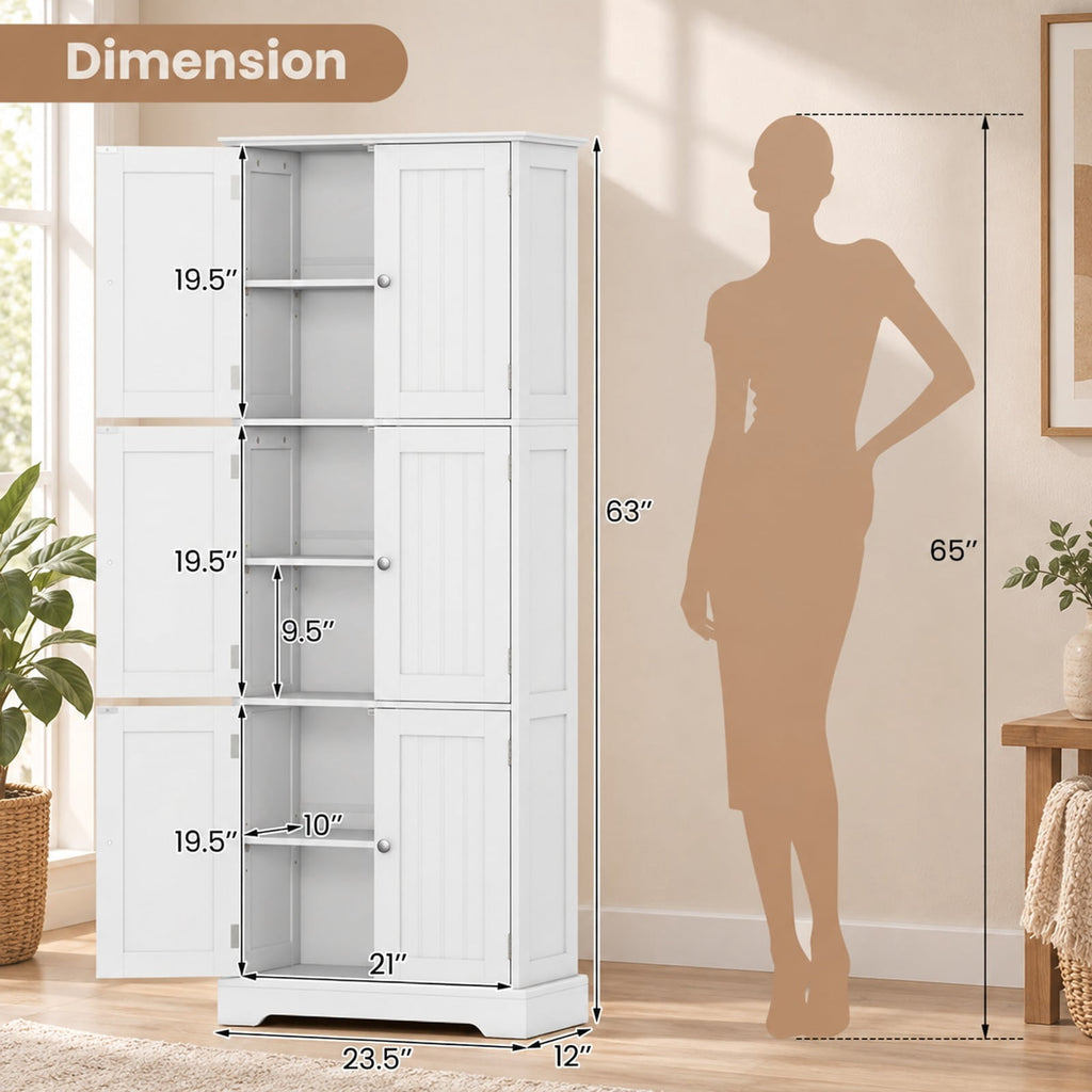 Airfind 63 Inch Tall Bathroom Storage Cabinet with 6 Doors and Adjustable Shelves, 44 lbs Capacity, Engineered Wood Frame, White