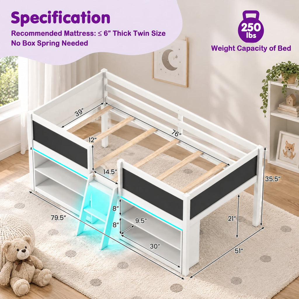 Airfind Low Loft Bed with LED Lights Youth Cabin Bed with Bookcases, 250 Lbs Capacity, Solid Wood Plywood MDF Engineered Wood, White