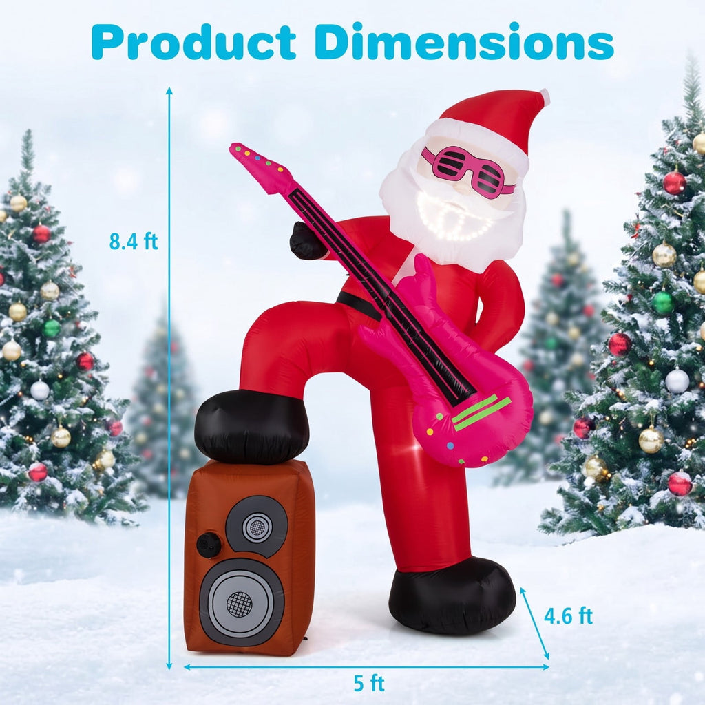 Airfind 8.4 ft Inflatable Santa Claus with Sound, 5ft x 4.6ft x 8.4ftNet Weight 4 lbs Footprint, Multi-colorMaterial Polyester FabricProduct