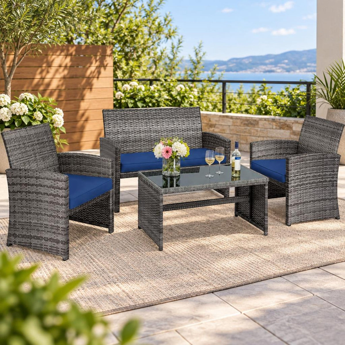 Airfind 4 Pieces Patio Rattan Furniture Set with Glass Table and Loveseat, PE Rattan Polyester Fiber Steel Sponge Single Sofa Frame, Navy