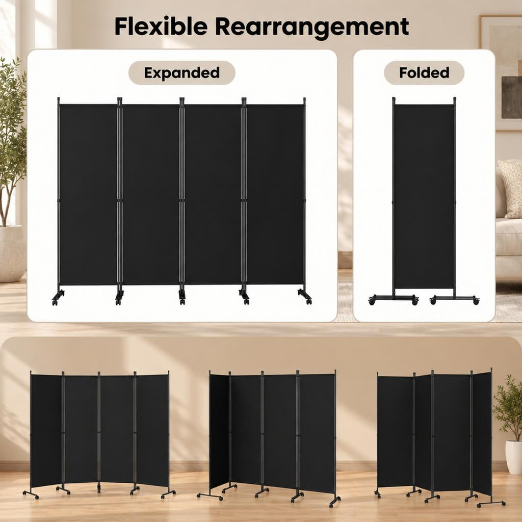 Airfind 4-Panel Room Divider with Lockable Wheels for Living Room, Polyester Fabric Metal Frame, 87in x 14in x 68in Footprint, Black